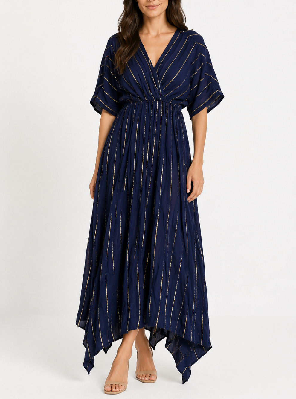 Versona Navy Gold Metallic Strip V-Neck Boho Maxi Dress Womens S